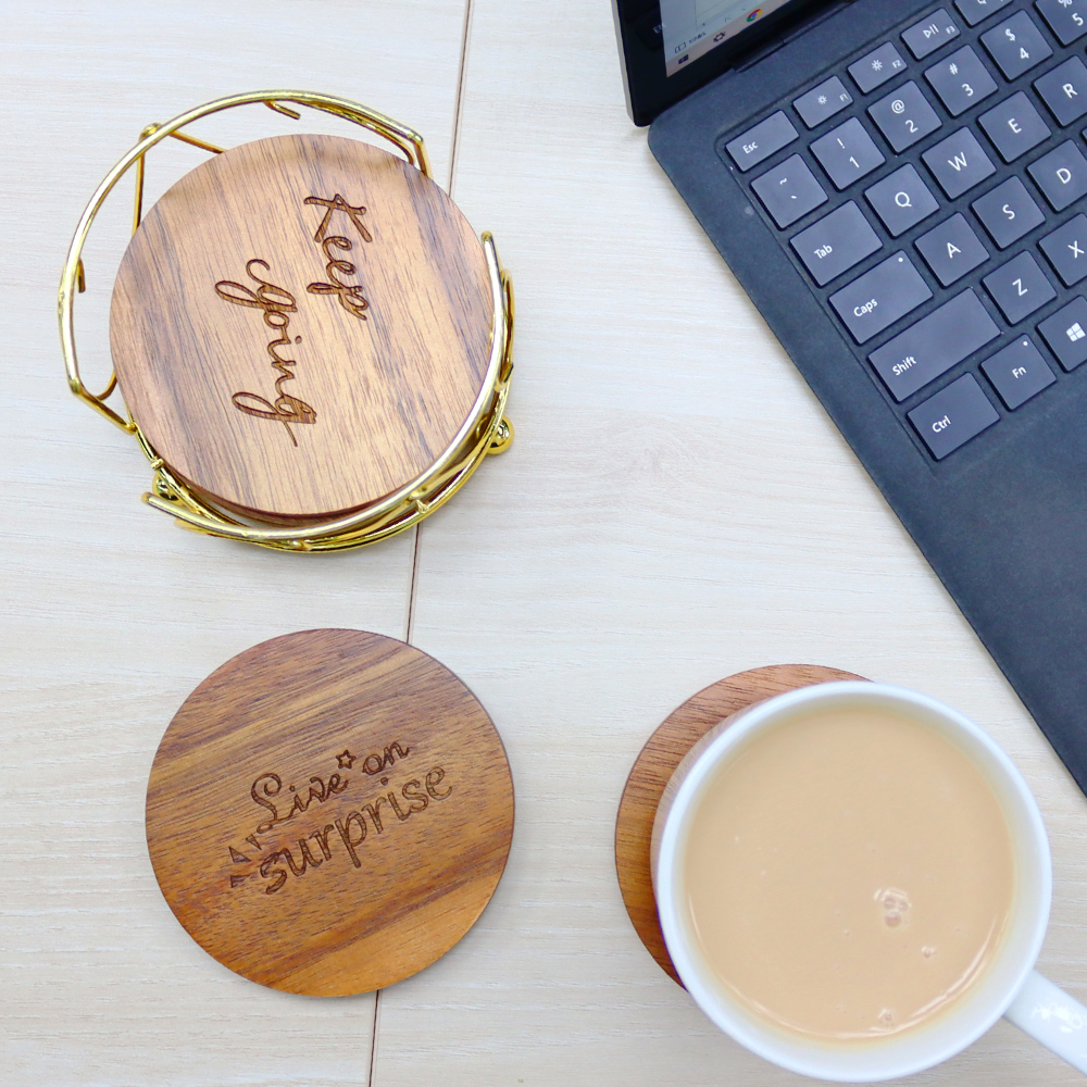 激光(guāng)實木(mù)杯墊套裝帶收納架